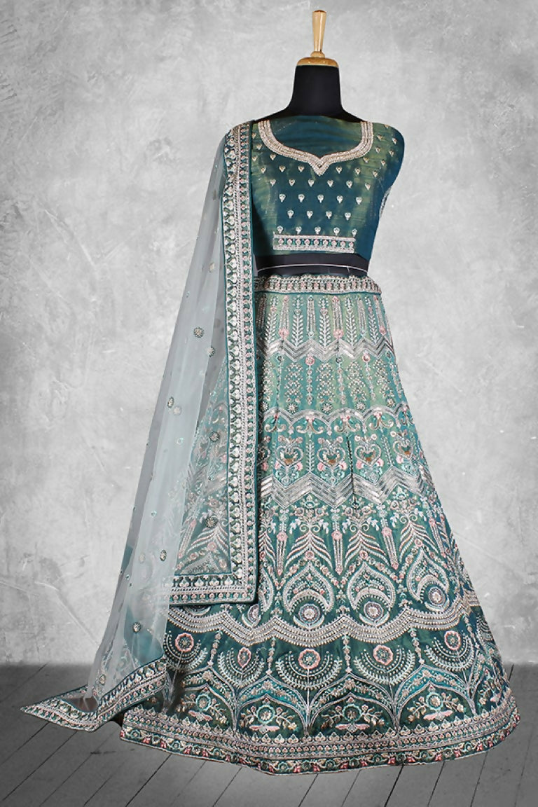 Teal Velvet Hand work Semi Stitched Lehenga Choli with Dupatta - Nimaya Lagnotsav | Grocsy
