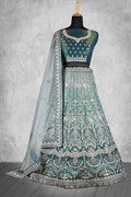 Teal Velvet Hand work Semi Stitched Lehenga Choli with Dupatta - Nimaya Lagnotsav | Grocsy