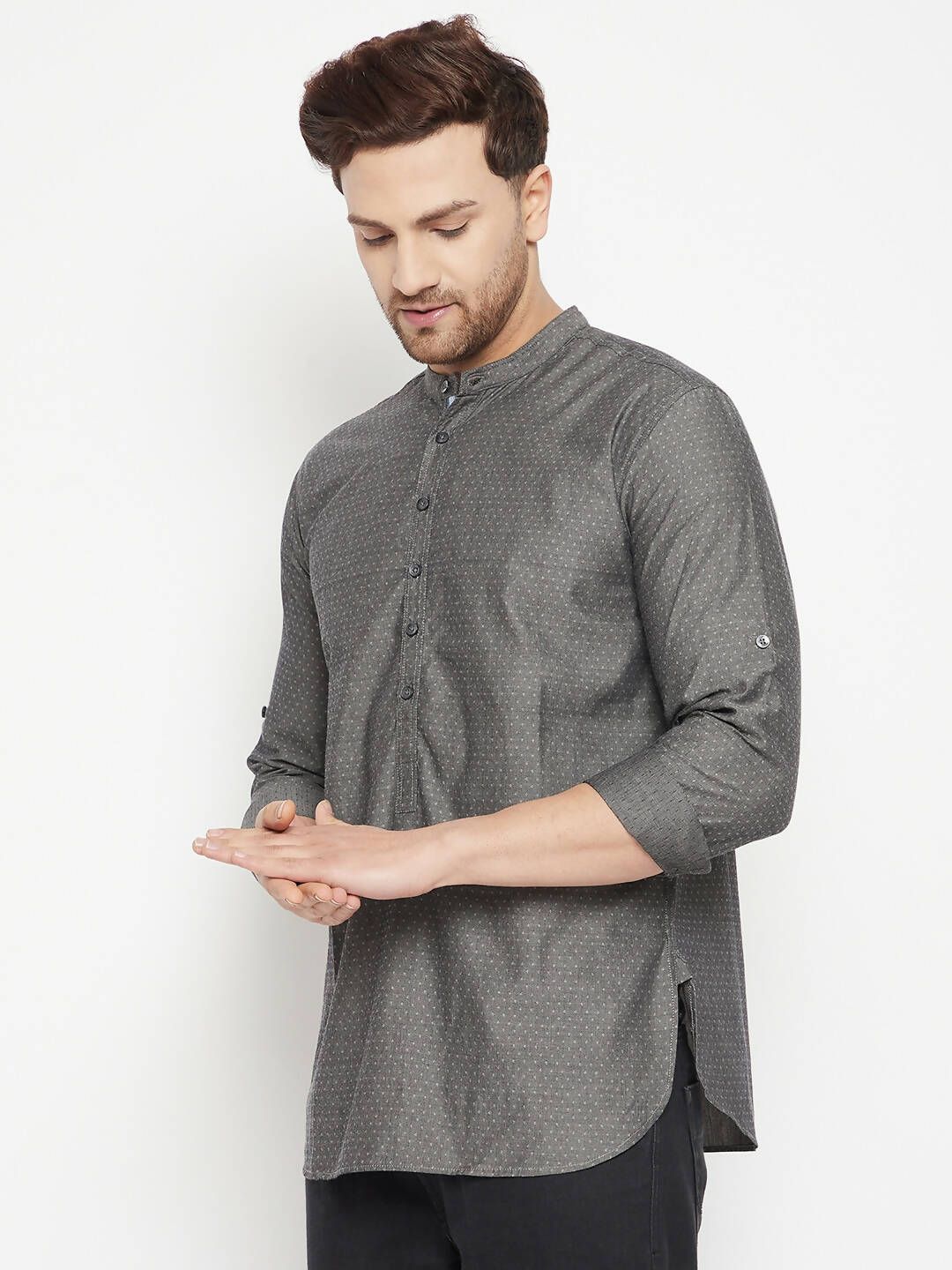 Even Apparels Grey Color Pure Cotton Short Men's Beautiful Kurta With Band Collar | Grocsy