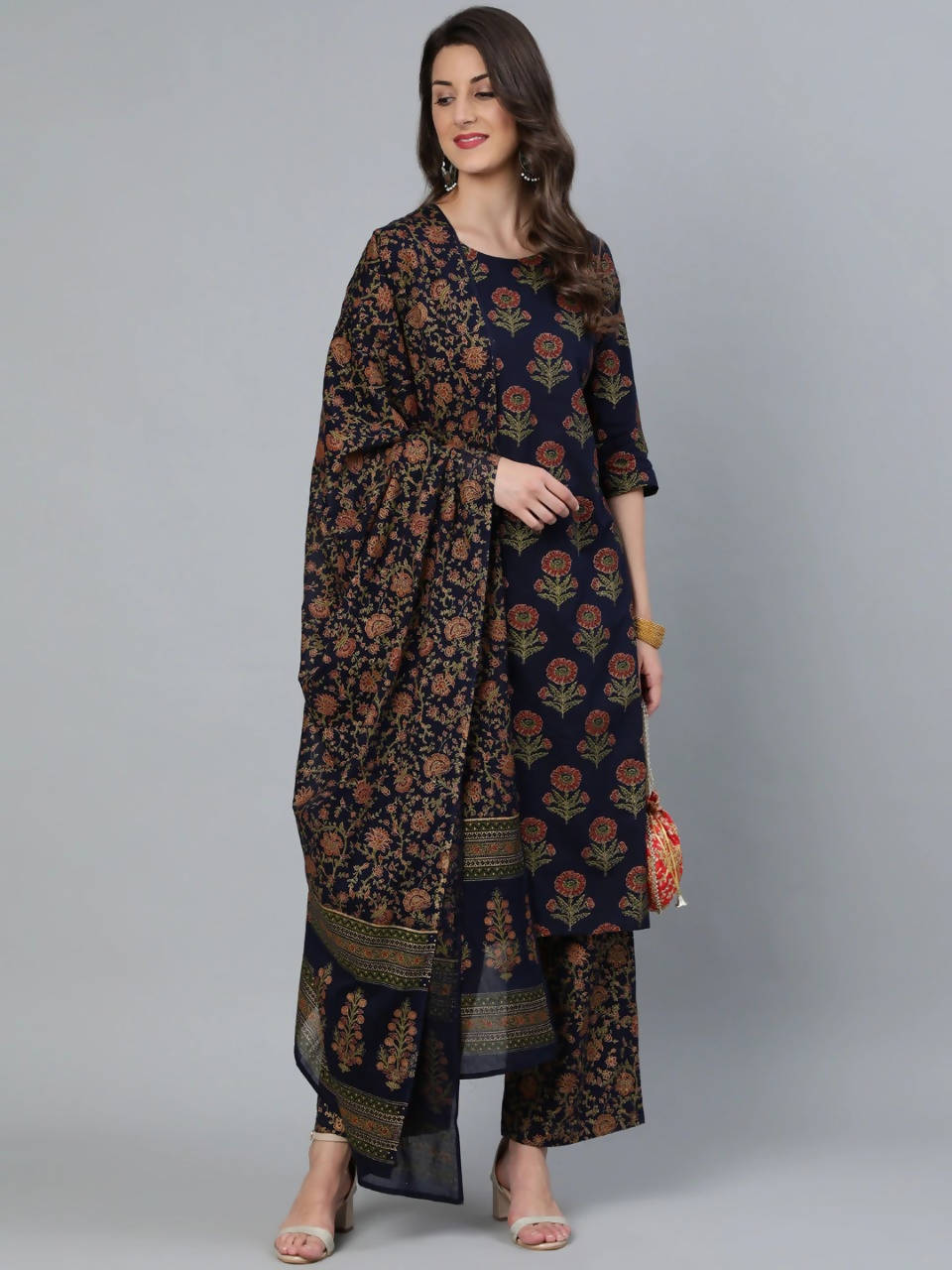 Vamika Printed Rayon Navy Blue Party Wear/Casual Wear Kurta Set/Suit | Grocsy
