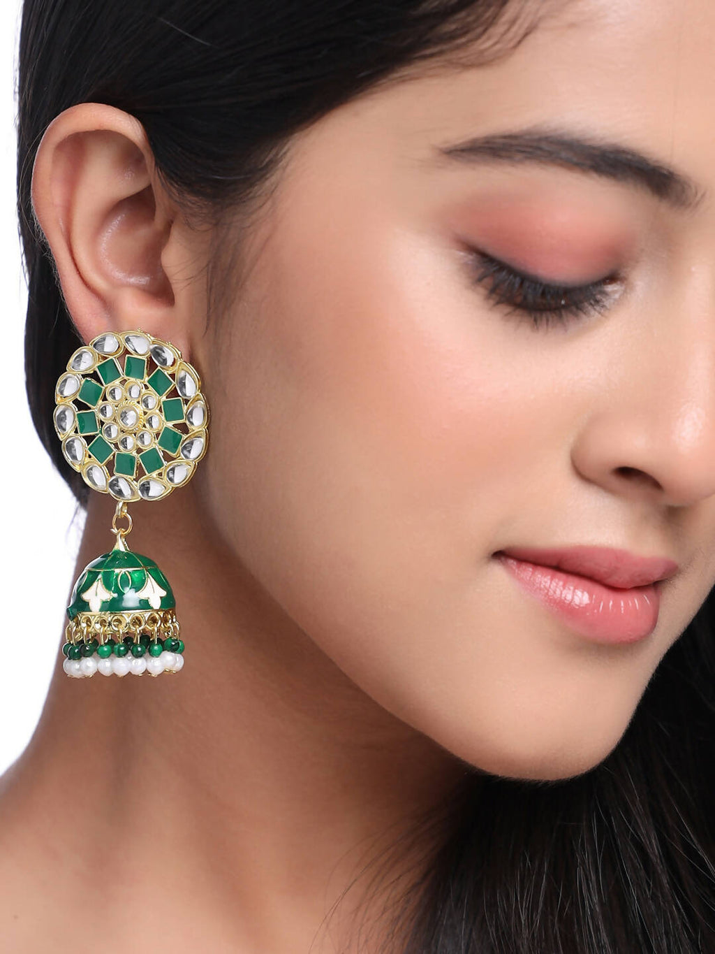 NVR Women Gold-Polished Green Dome Shaped Meenkari Jhumkas Earrings | Grocsy