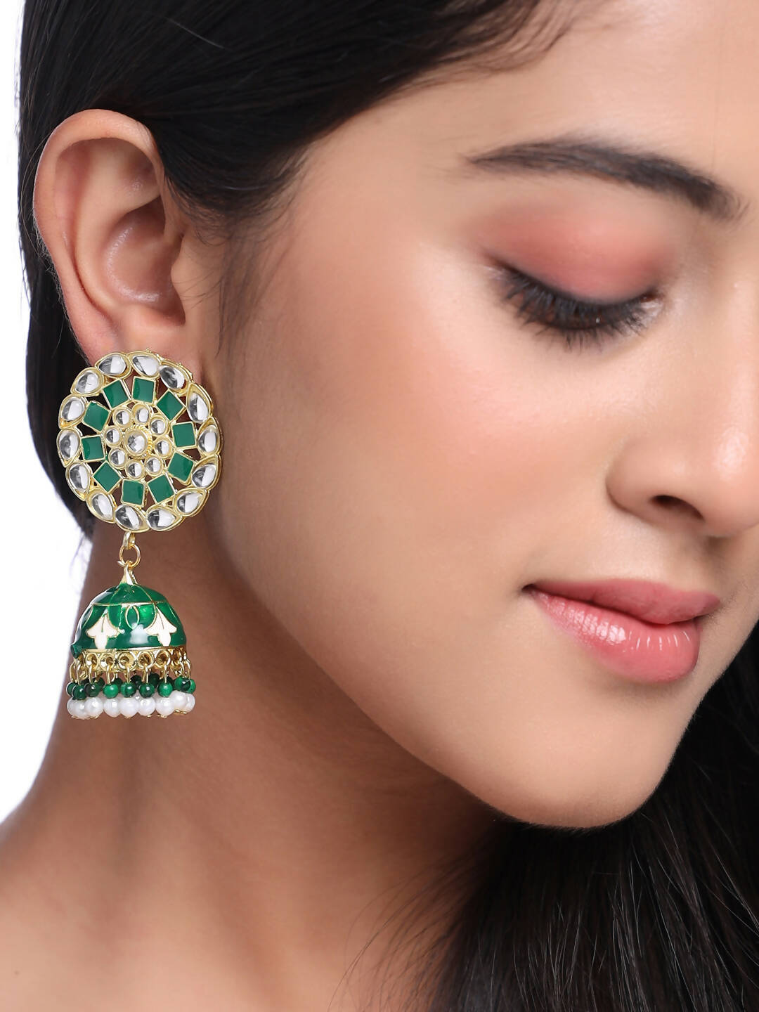 NVR Women Gold-Polished Green Dome Shaped Meenkari Jhumkas Earrings | Grocsy