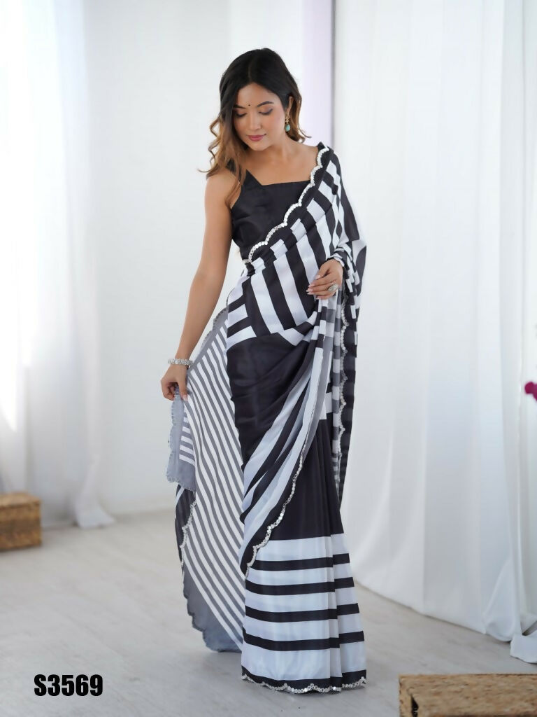 Black Chinon Designer Digital Printed,Mirror Cut Work Saree - Manvika | Grocsy