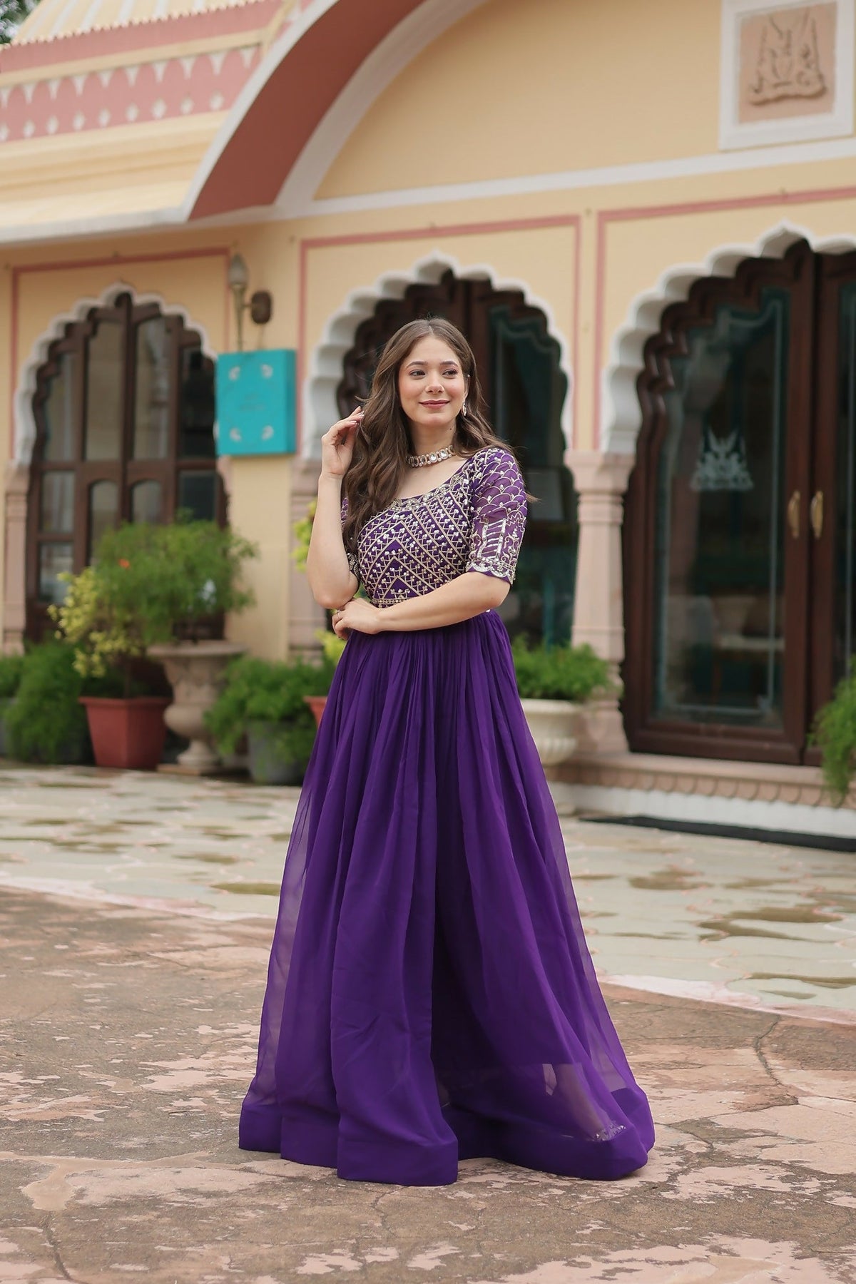 Joban Fashion Purple Georgette Sequence Embroidery Work Gown | Grocsy