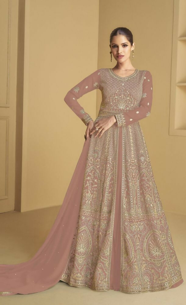Vastranavya Peach Georgette Embroidered Sequins Work Anarkali Style A Line Suits | Grocsy