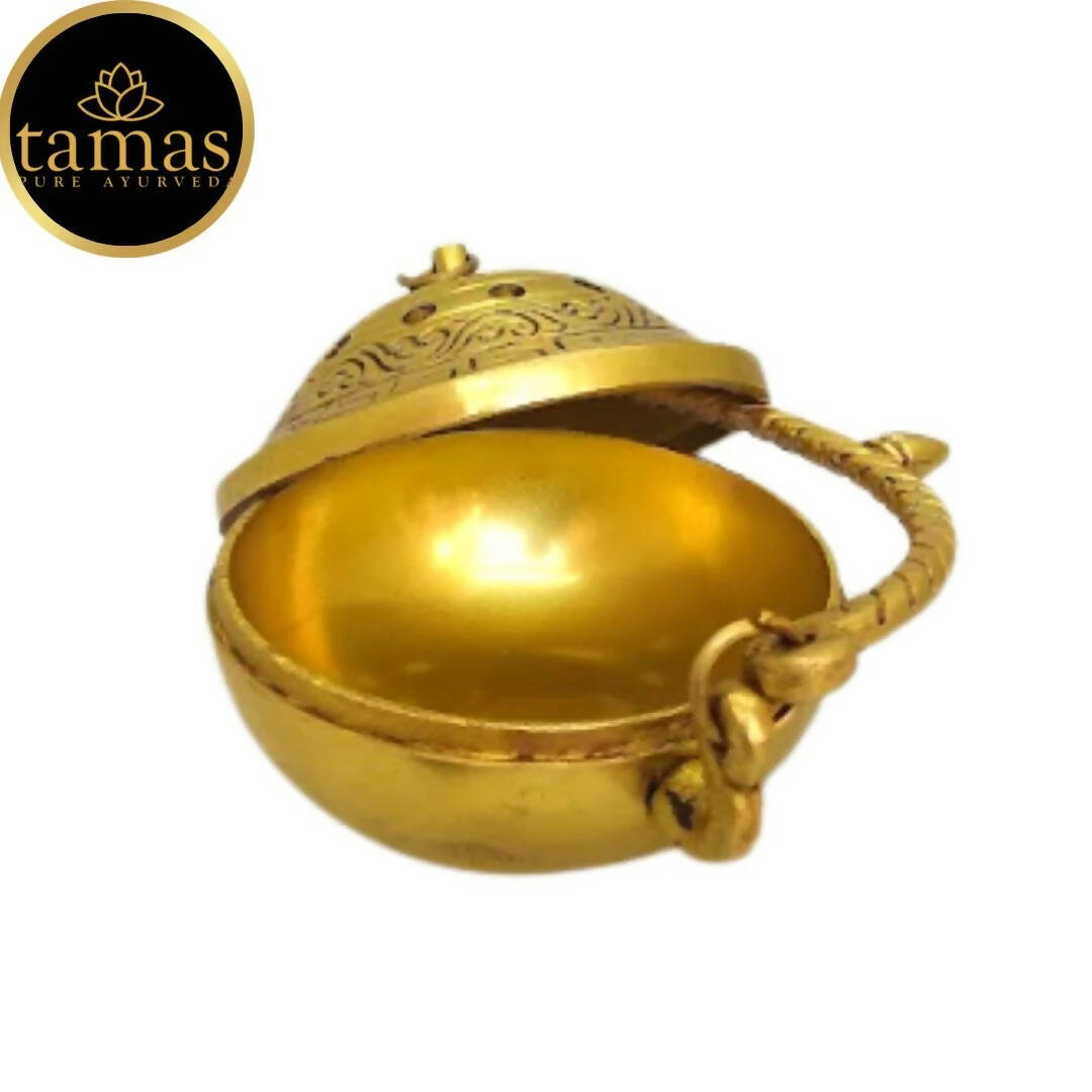 Tamas Brass Small Dhoop Burner with Handle and Lid (Golden) | Grocsy