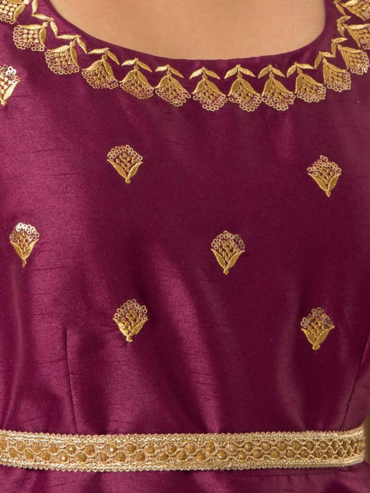 Indya Women Wine-Colored Embroidered Belted Peplum Layered Kurta | Grocsy