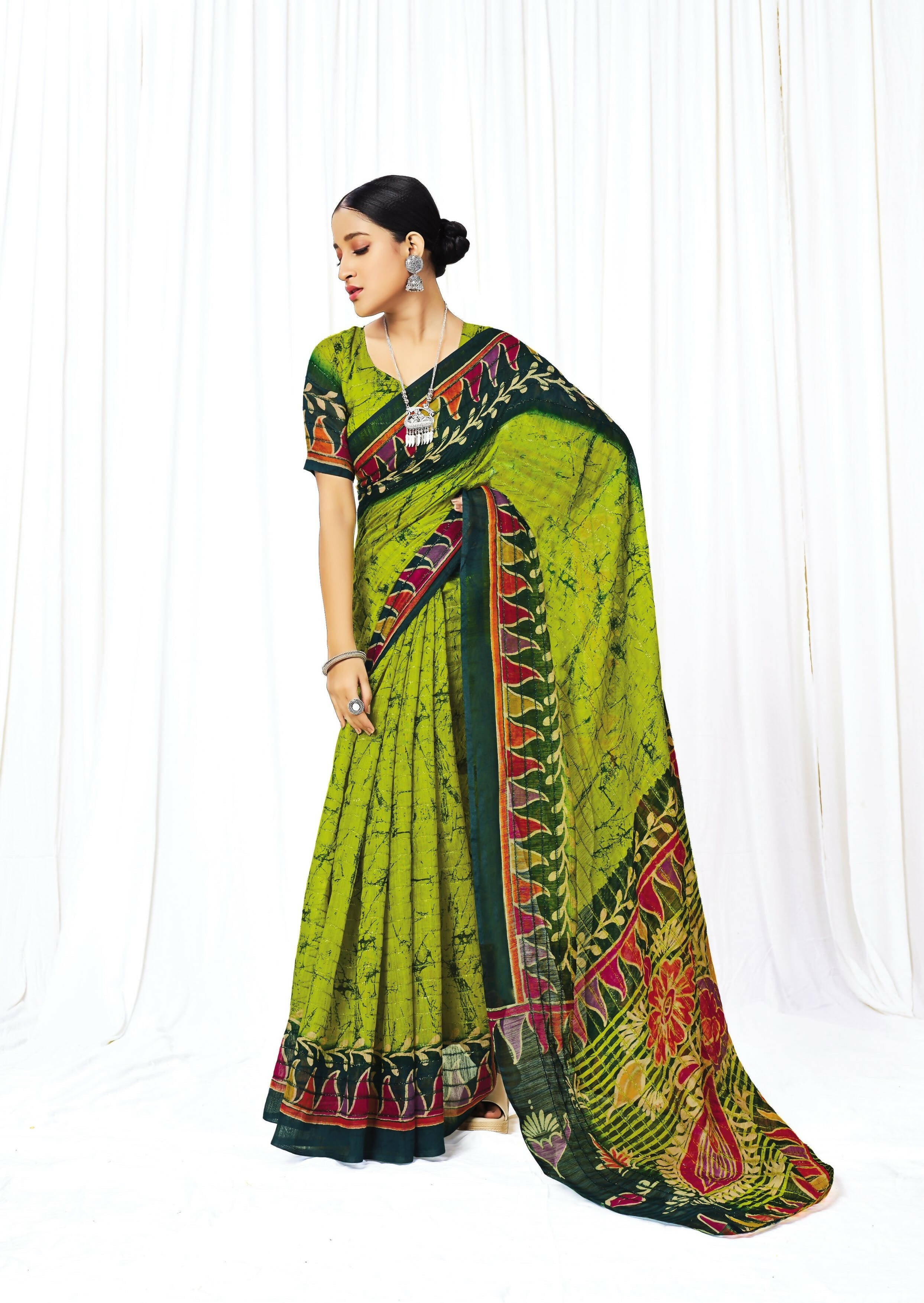Green Chanderi Cotton Floral Printed Saree With Unstitched Blouse Piece - Kathika | Grocsy