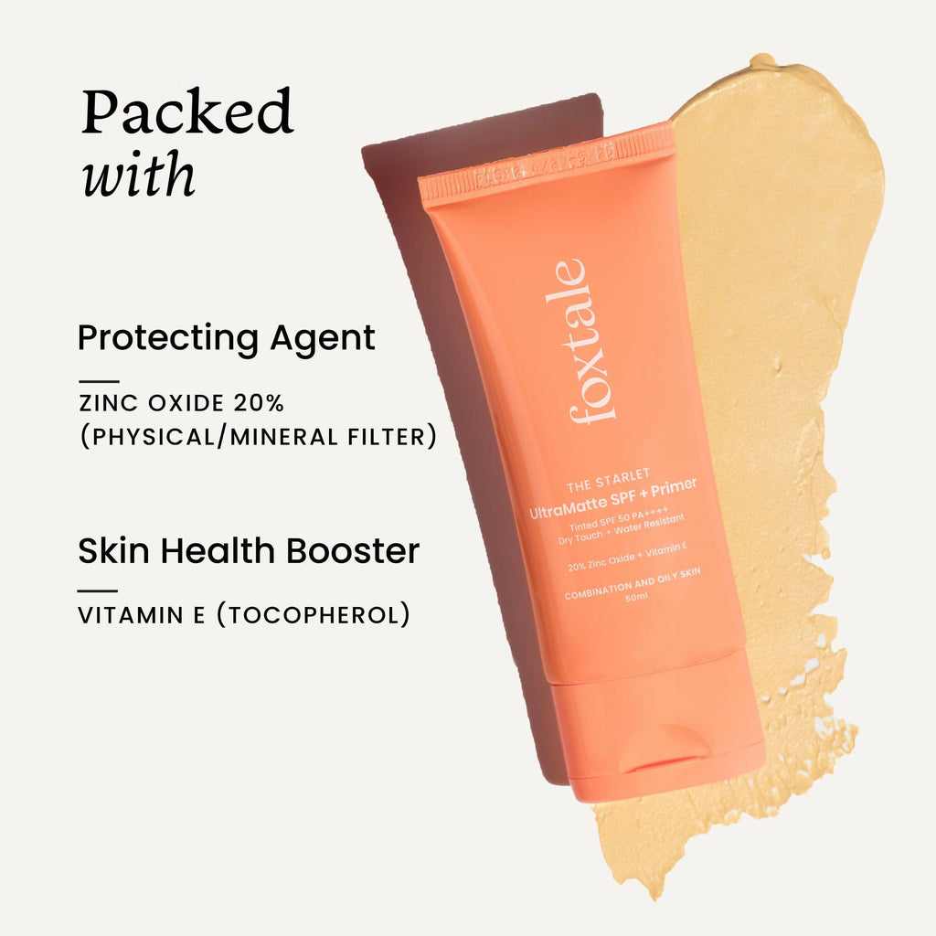 Foxtale Tinted Sunscreen SPF 50 PA++++ & Primer Shade 3 - Light, Water Resistant with Dry-Touch Finish, Blurs Out Pores | Grocsy