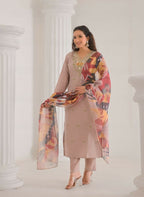 Ethnic Festive Wear Chanderi with Cotton Lining Beige Stitched Suit With Dupatta - Tanisha | Grocsy
