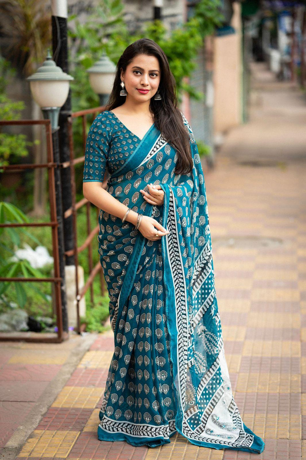 Rama Poly Georgette Ajrak Saree with Unstitched Blouse - A2M | Grocsy