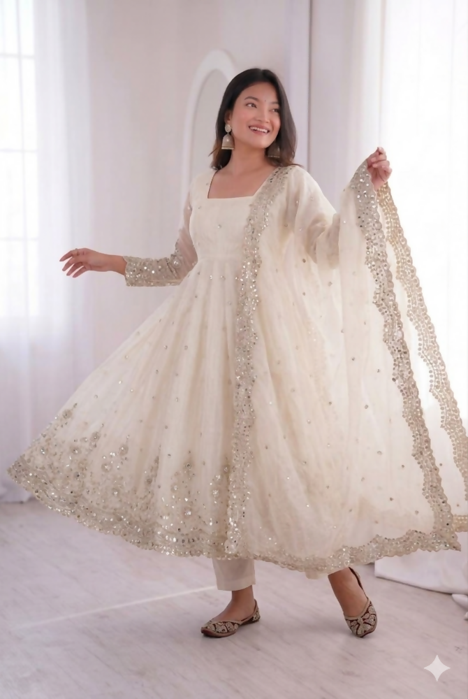 Teeya Creation Womens New Latest Trendy Elegant White Embroidered Anarkali Suit Set with Scalloped Dupatta | Grocsy
