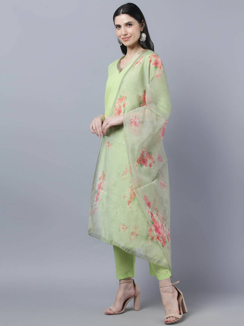 Myshka Women Green Regular Pure Cotton Kurta with Trousers With Dupatta Set | Grocsy