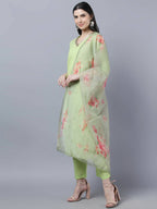 Myshka Women Green Regular Pure Cotton Kurta with Trousers With Dupatta Set | Grocsy