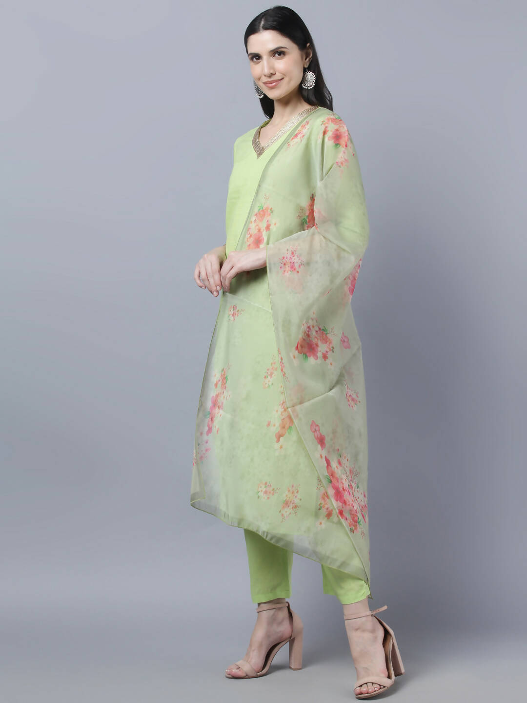 Myshka Women Green Regular Pure Cotton Kurta with Trousers With Dupatta Set | Grocsy
