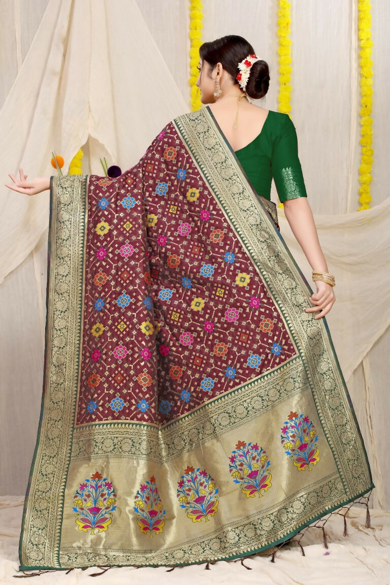 Jyoti Fashion Women's Wine Patola Silk Zari Woven Saree with Blouse | Grocsy