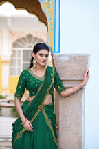 Lorenvalley Fashion Green NC Silk Plain Lehenga Embroidery Work Choli with Dupatta | Grocsy