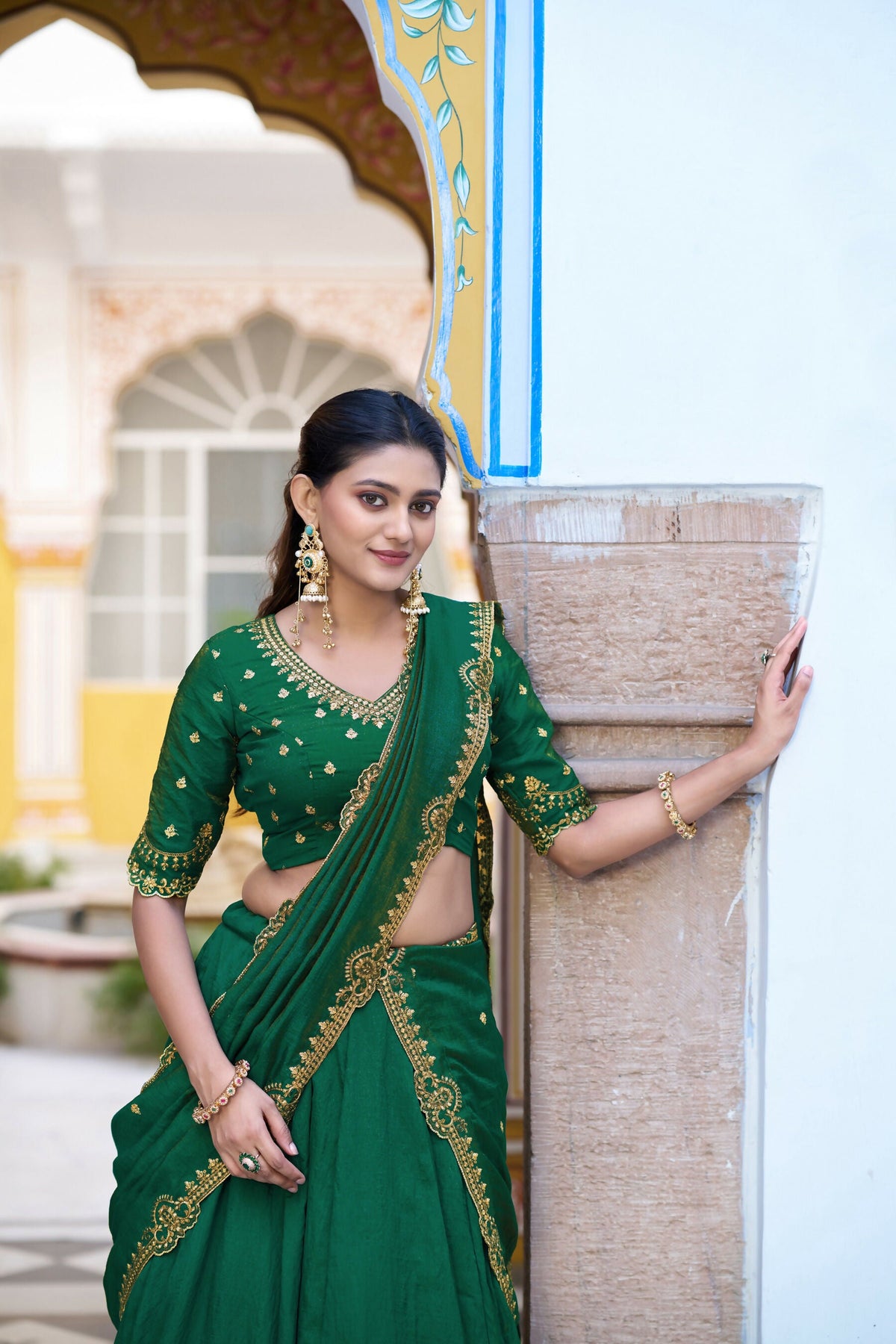 Lorenvalley Fashion Green NC Silk Plain Lehenga Embroidery Work Choli with Dupatta | Grocsy