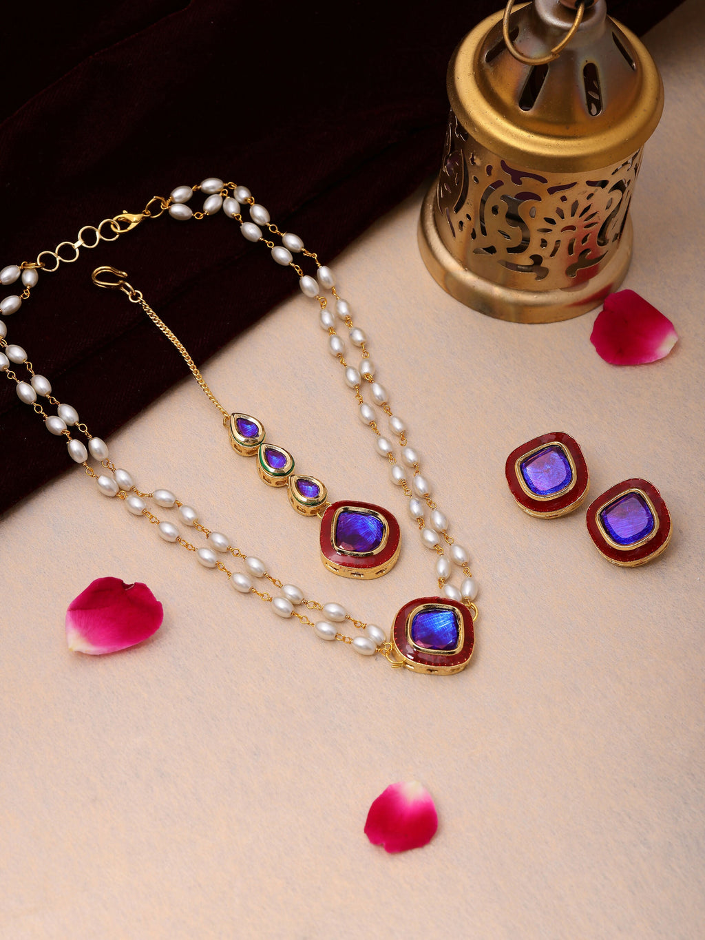 Ruby Raang Blue and Red Meenakari Kundan Necklace with Earrings & Maang Tikka | Grocsy