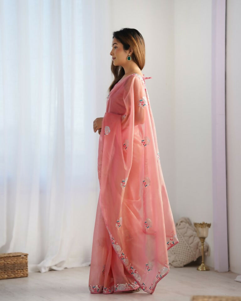 Peach Gold Twill Net Multy Thread, Sequance Embroidery Work Saree - Kriti | Grocsy