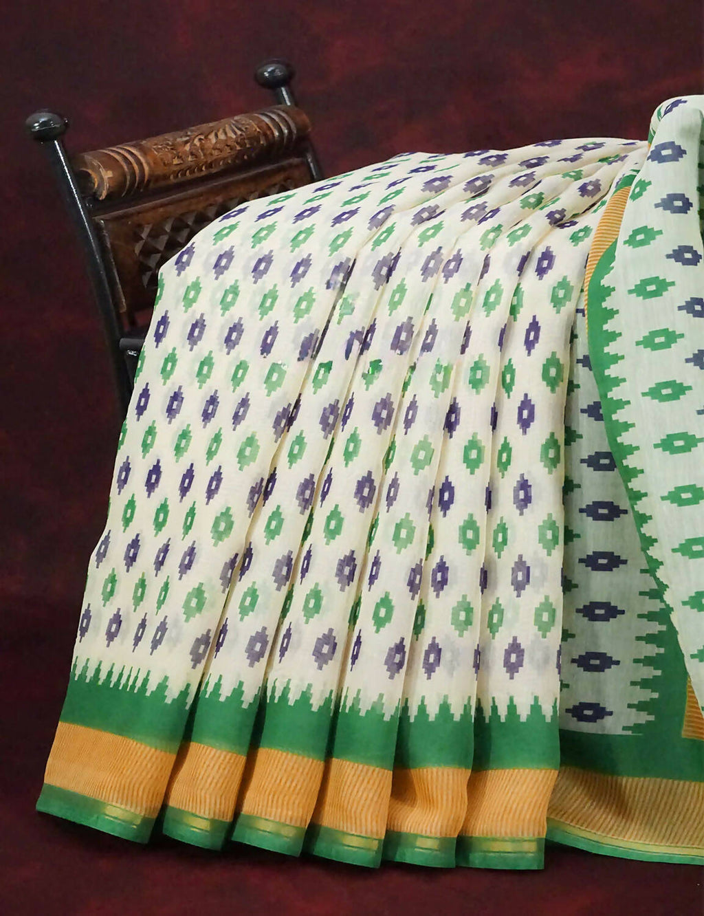 Combo of Off White and Mango Green Patan Patola Semi Chanderi Saree By Gayathri Reddy Designer Studio | Grocsy