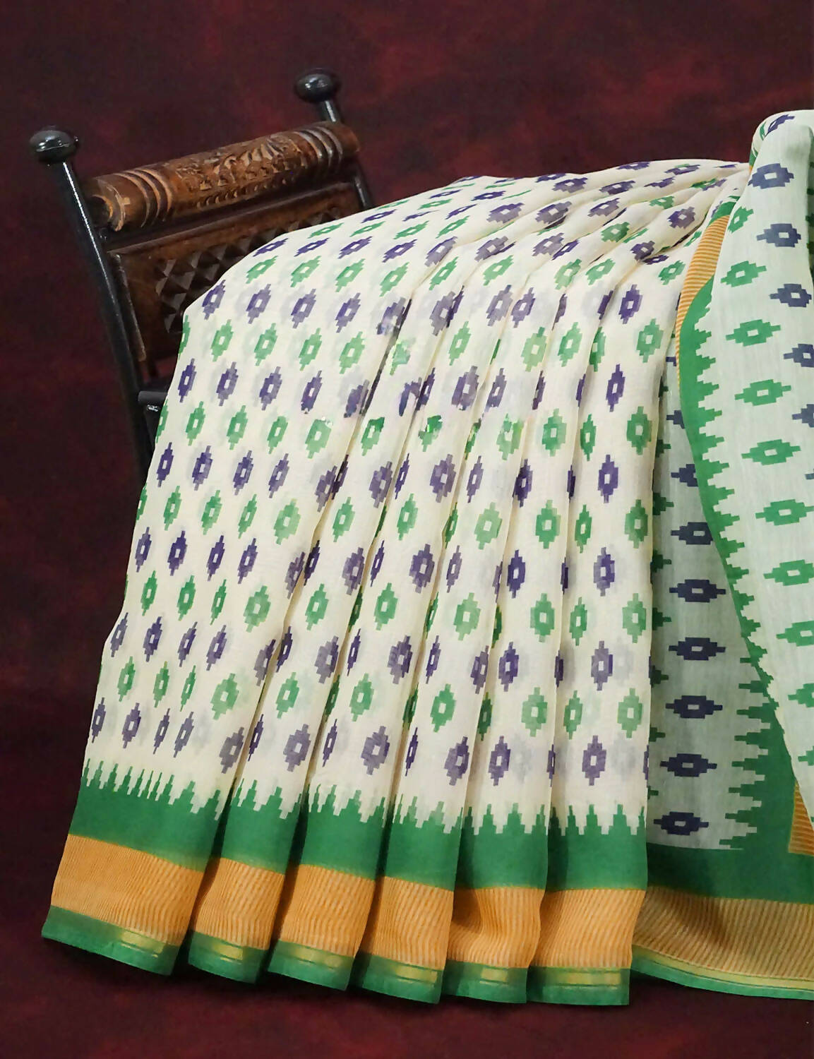 Combo of Off White and Mango Green Patan Patola Semi Chanderi Saree By Gayathri Reddy Designer Studio | Grocsy