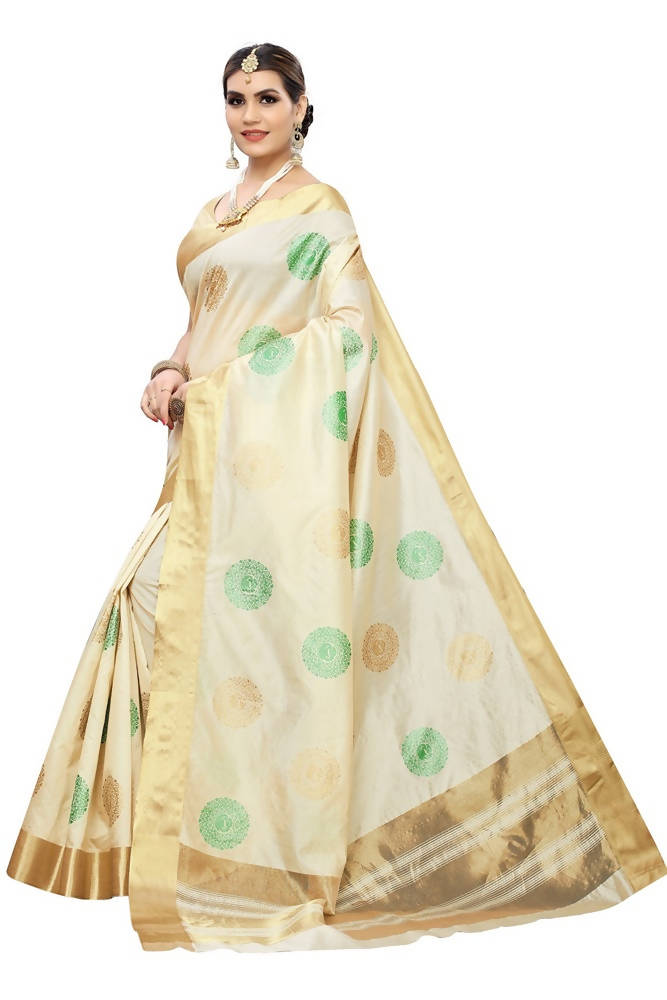 Vamika Cream Cotton Polyester Silk Weaving Saree | Grocsy