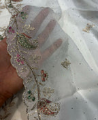 KC Heavy Embroidery Worked Two Ton Moss Silk White Suit For Women | Grocsy