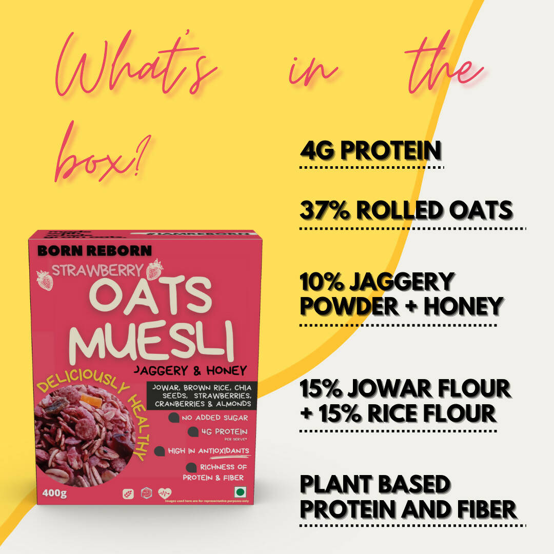 Born Reborn Strawberry Oats & Millets Muesli with Honey and Jaggery | Grocsy