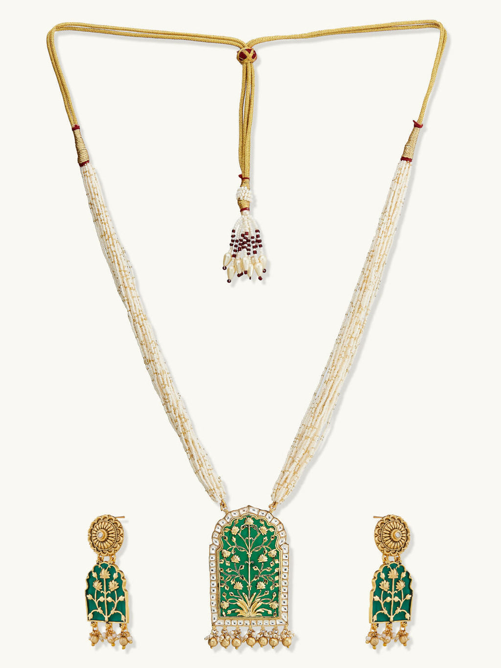 Nuyug 22K Gold-Plated Pearl Beaded Strings Green Enamel Pendant with Floral Motifs Necklace Set | Grocsy