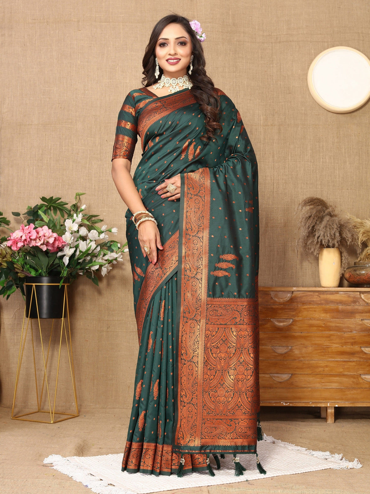 Vedant Vastram Bottle Green Color Banarasi Silk Saree - Bottle Green | Grocsy