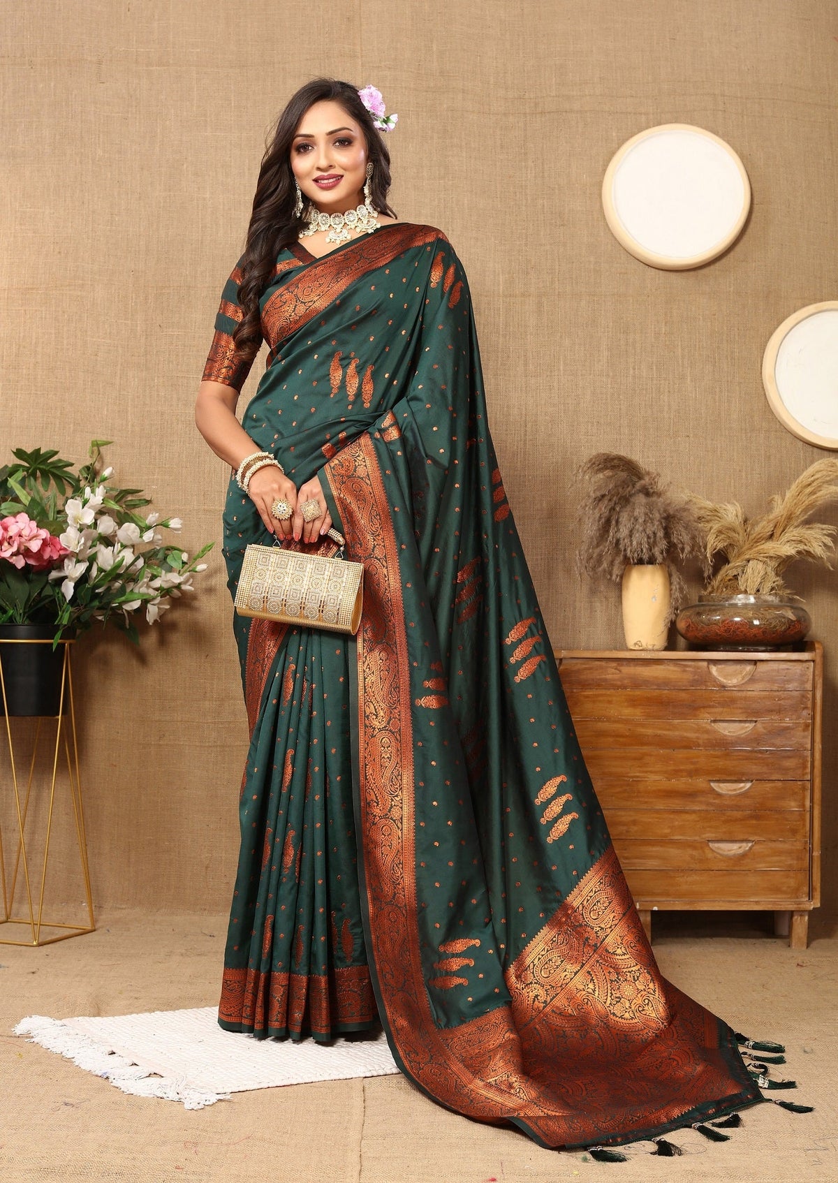 Vedant Vastram Bottle Green Color Banarasi Silk Saree - Bottle Green | Grocsy