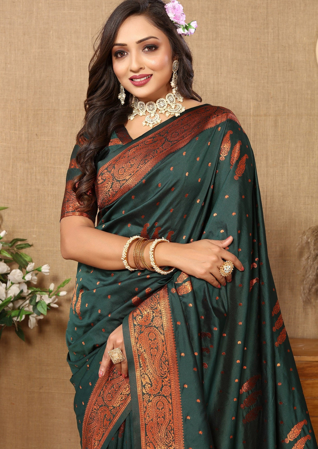 Vedant Vastram Bottle Green Color Banarasi Silk Saree - Bottle Green | Grocsy