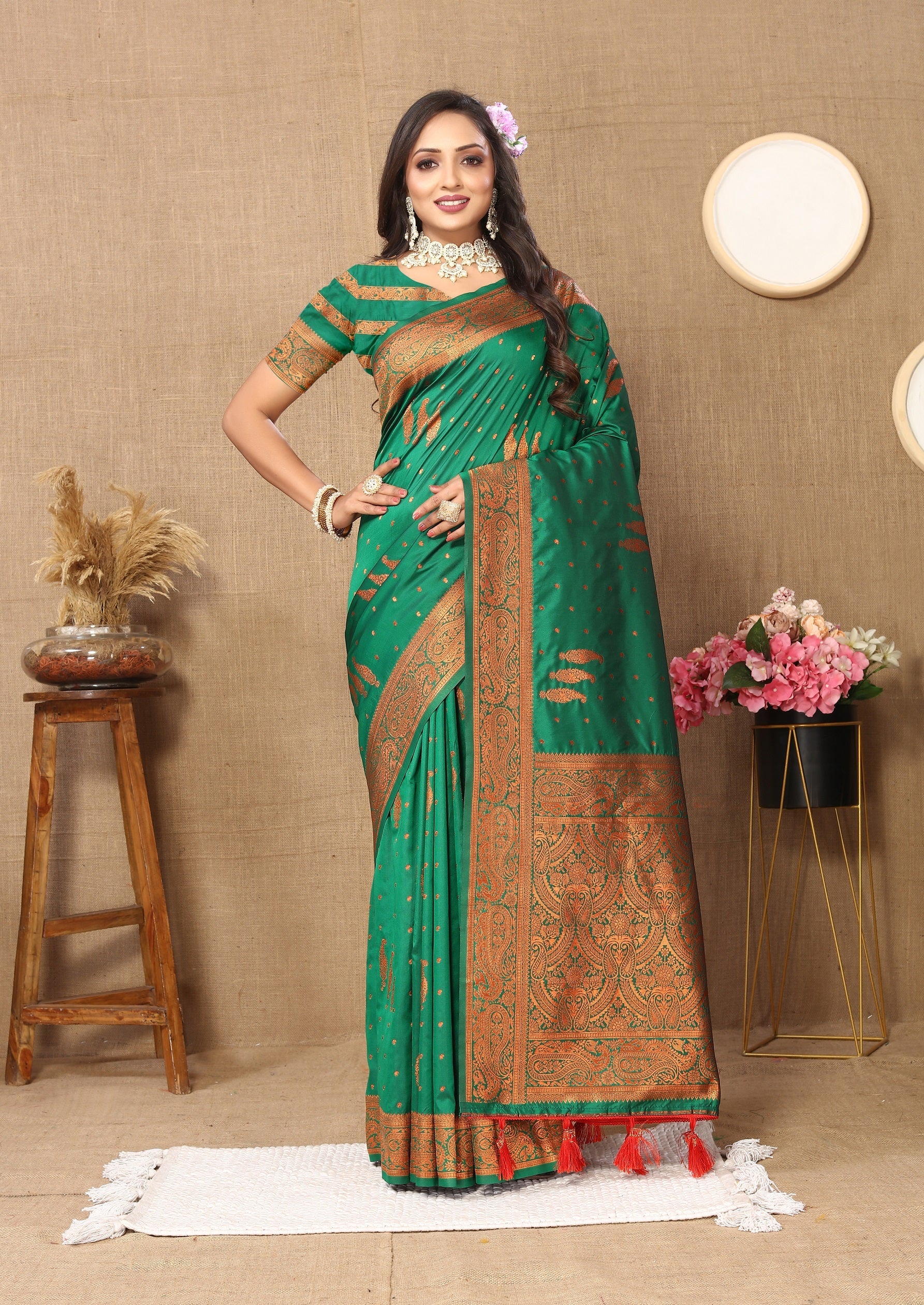 Vedant Vastram Green Color Banarasi Silk Saree - Green | Grocsy