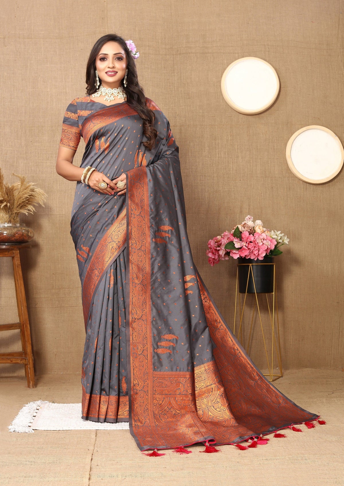 Vedant Vastram Grey Color Banarasi Silk Saree - Grey | Grocsy
