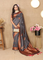 Vedant Vastram Grey Color Banarasi Silk Saree - Grey | Grocsy