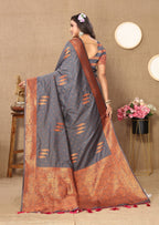 Vedant Vastram Grey Color Banarasi Silk Saree - Grey | Grocsy