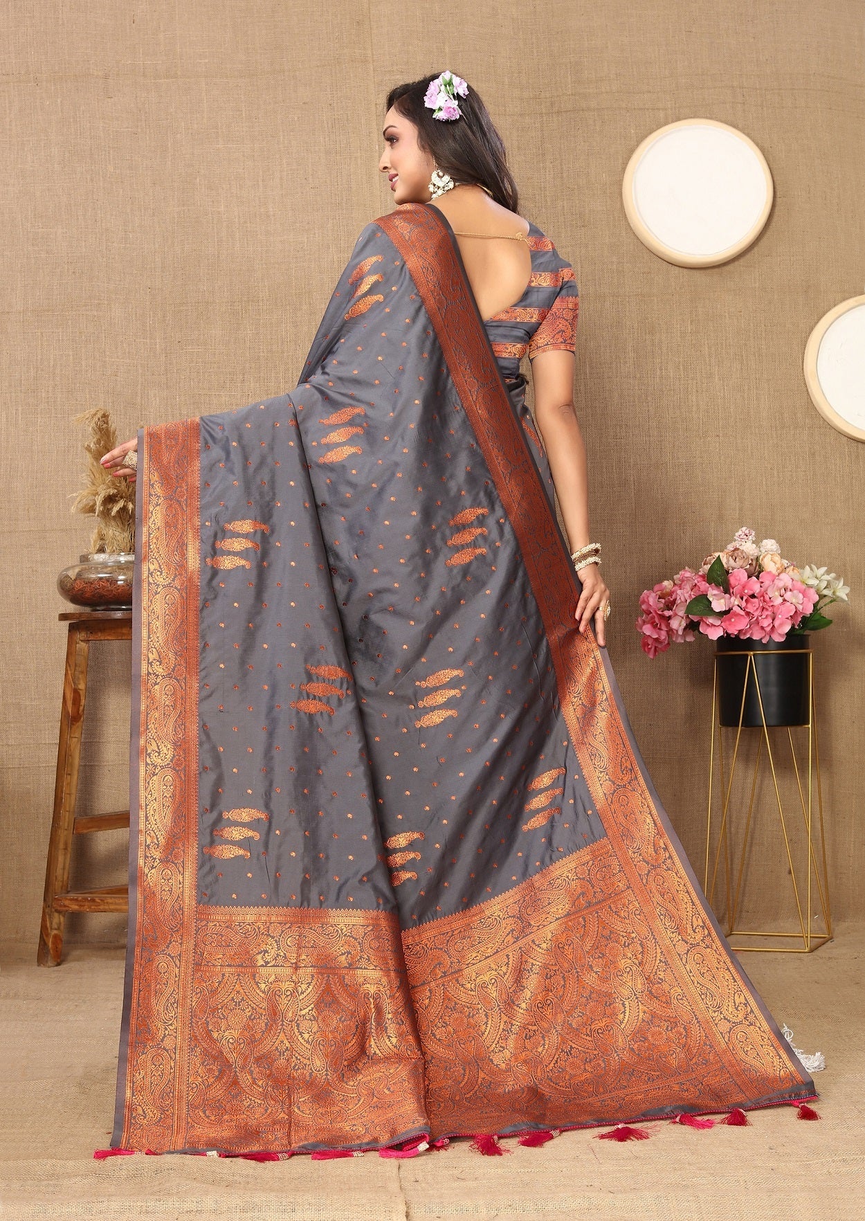 Vedant Vastram Grey Color Banarasi Silk Saree - Grey | Grocsy