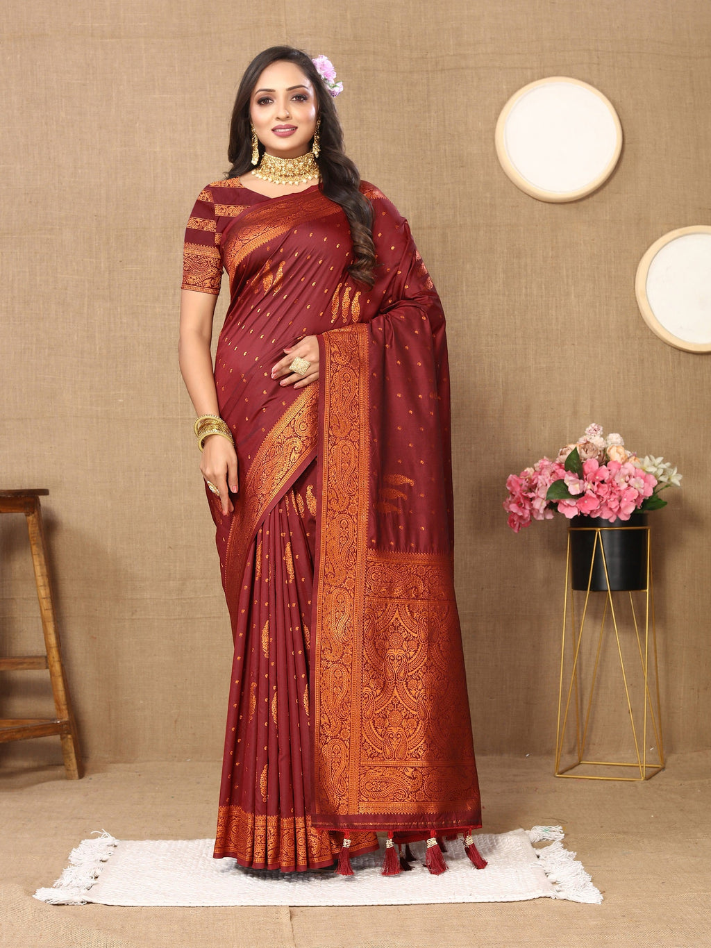 Vedant Vastram Maroon Color Banarasi Silk Saree - Maroon | Grocsy