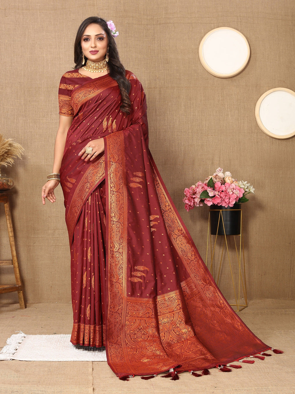 Vedant Vastram Maroon Color Banarasi Silk Saree - Maroon | Grocsy