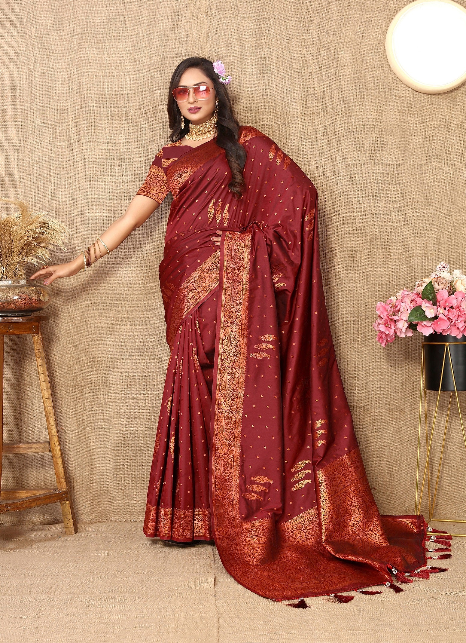Vedant Vastram Maroon Color Banarasi Silk Saree - Maroon | Grocsy