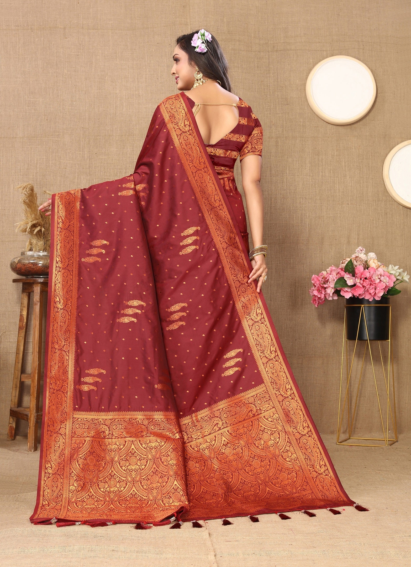 Vedant Vastram Maroon Color Banarasi Silk Saree - Maroon | Grocsy