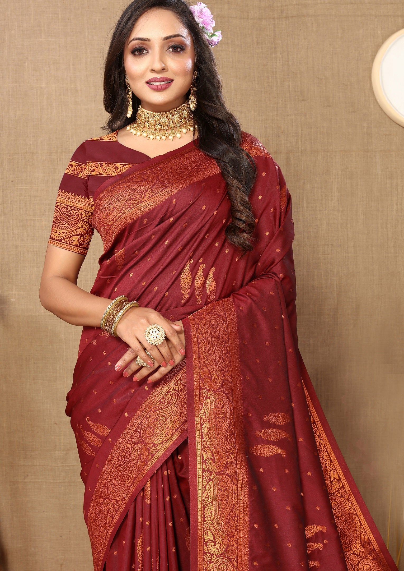 Vedant Vastram Maroon Color Banarasi Silk Saree - Maroon | Grocsy