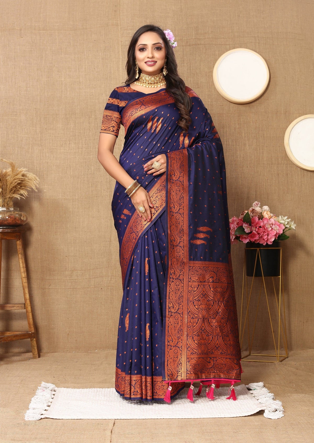 Vedant Vastram Navy Blue Color Banarasi Silk Saree - Navy Blue | Grocsy
