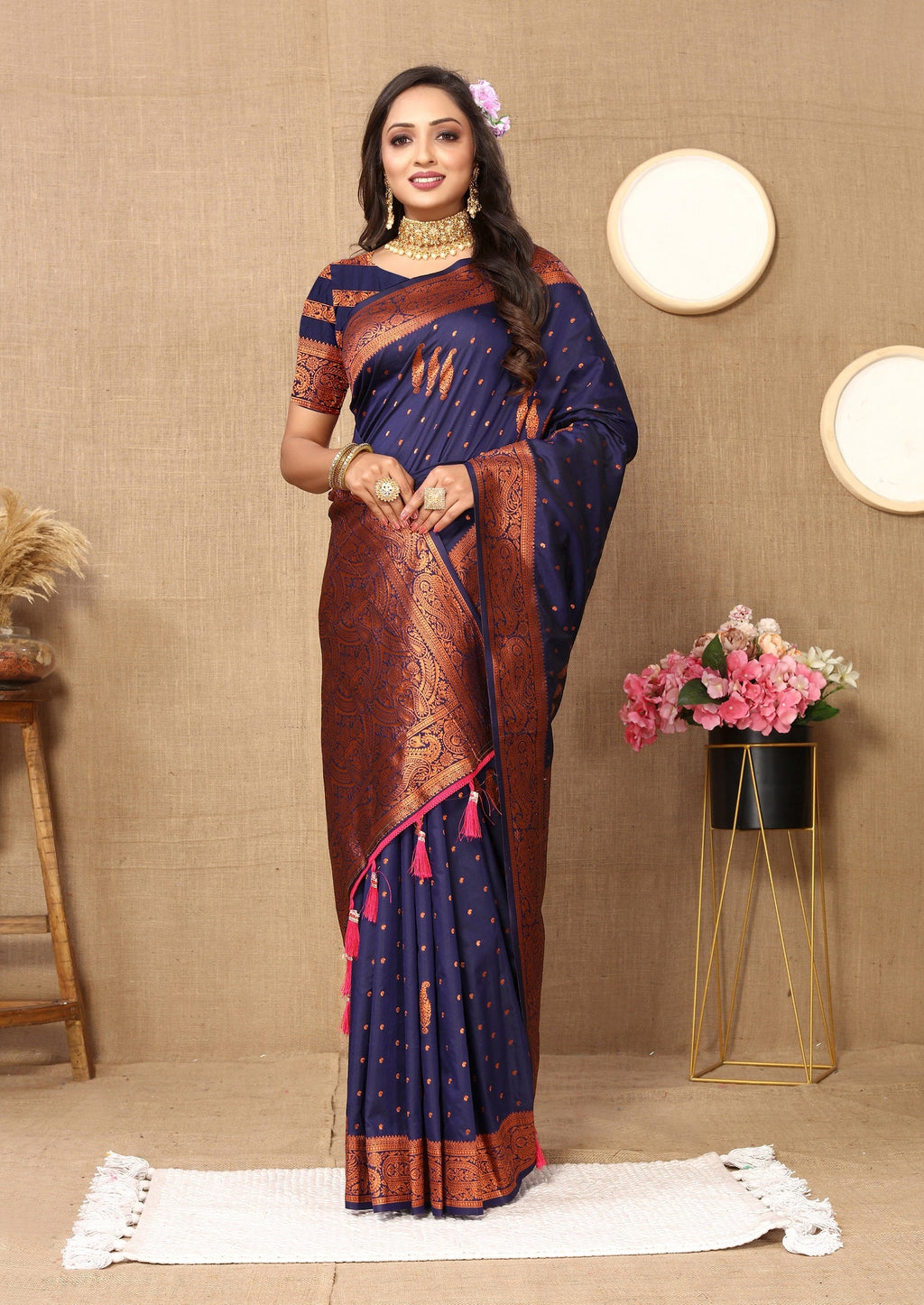 Vedant Vastram Navy Blue Color Banarasi Silk Saree - Navy Blue | Grocsy