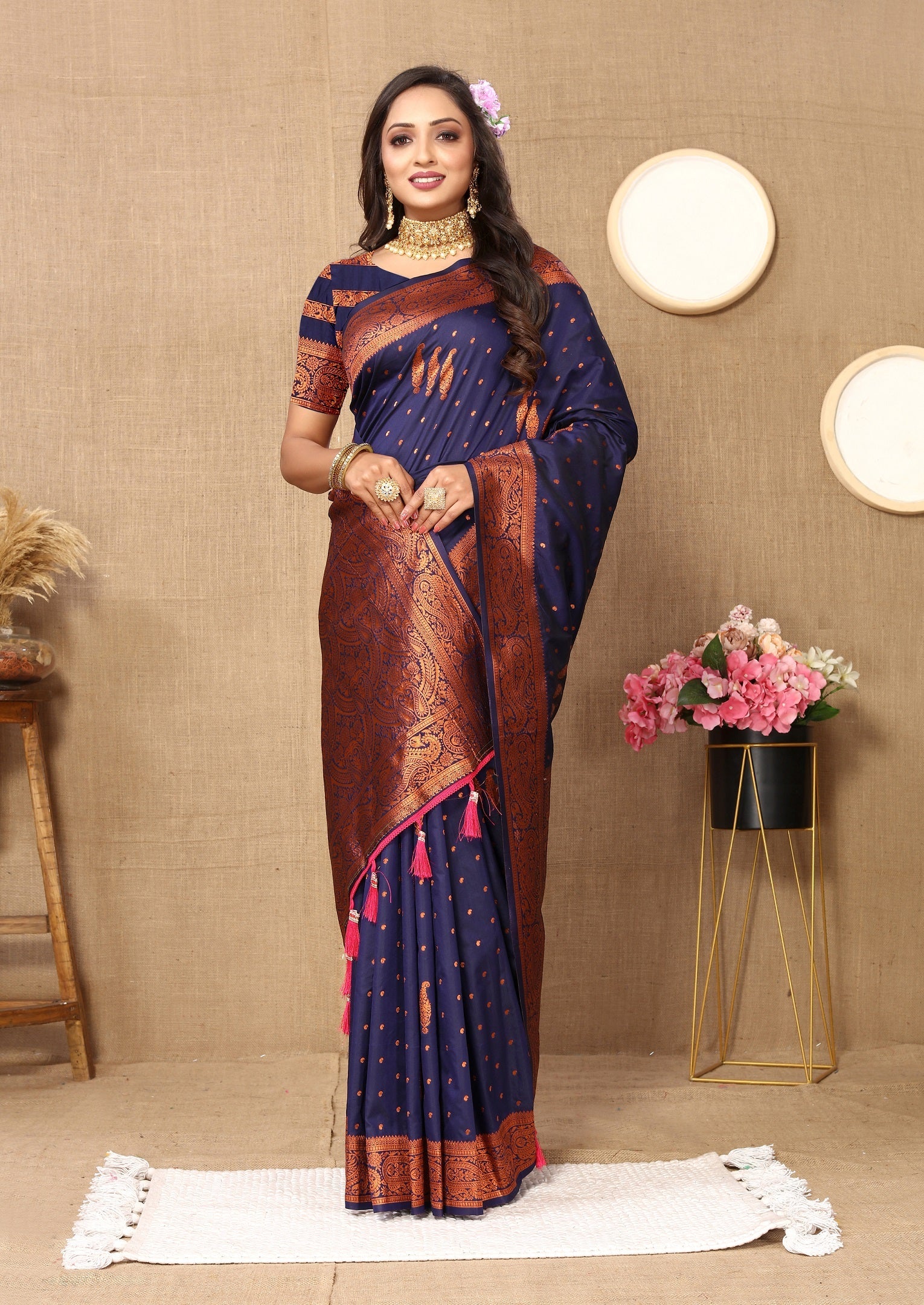 Vedant Vastram Navy Blue Color Banarasi Silk Saree - Navy Blue | Grocsy
