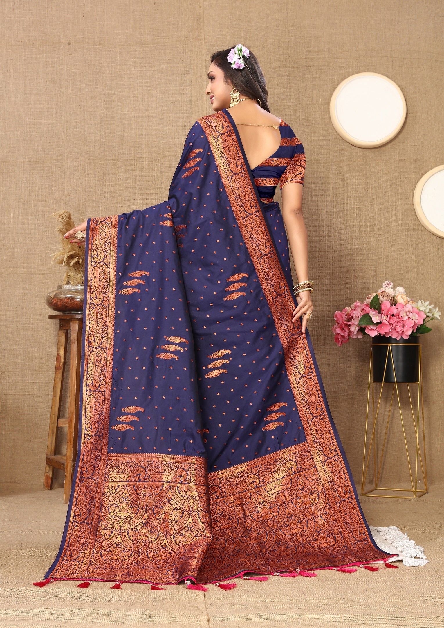 Vedant Vastram Navy Blue Color Banarasi Silk Saree - Navy Blue | Grocsy
