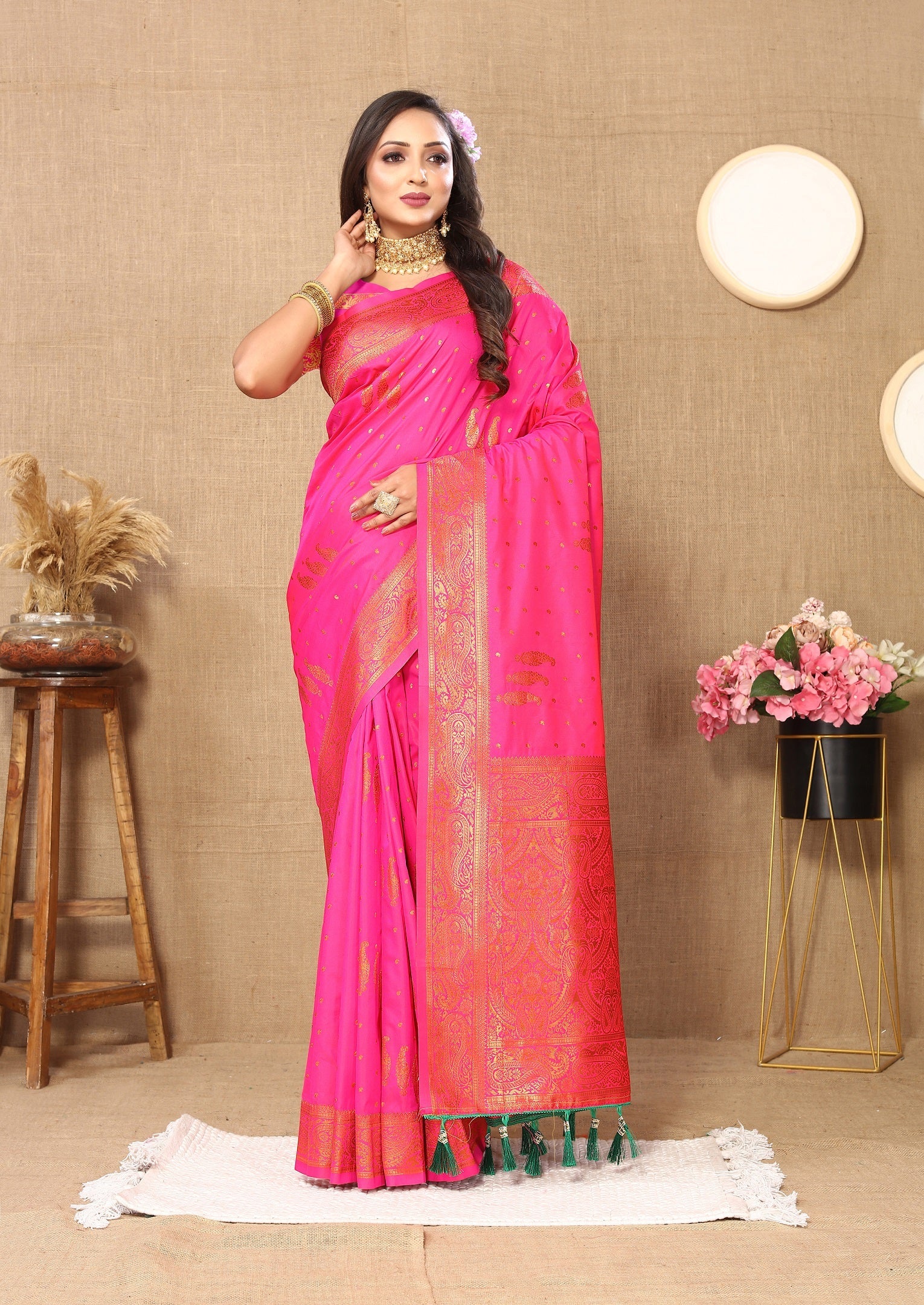 Vedant Vastram Pink Color Banarasi Silk Saree - Pink | Grocsy