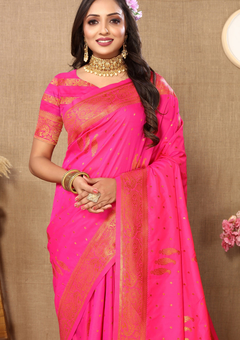 Vedant Vastram Pink Color Banarasi Silk Saree - Pink | Grocsy
