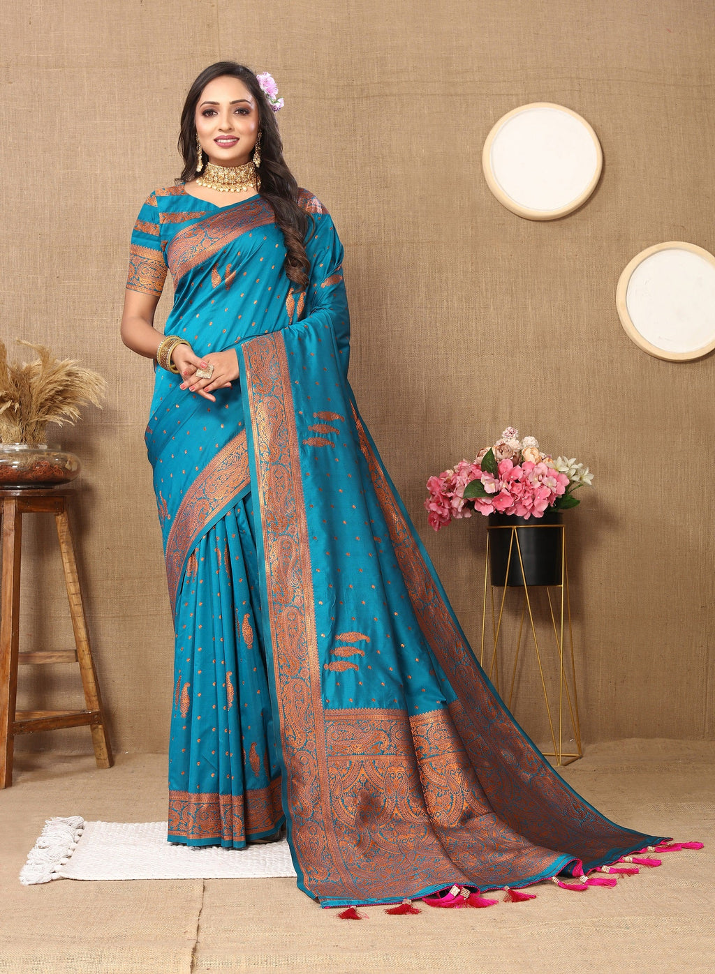 Vedant Vastram Rama Color Banarasi Silk Saree - Rama | Grocsy
